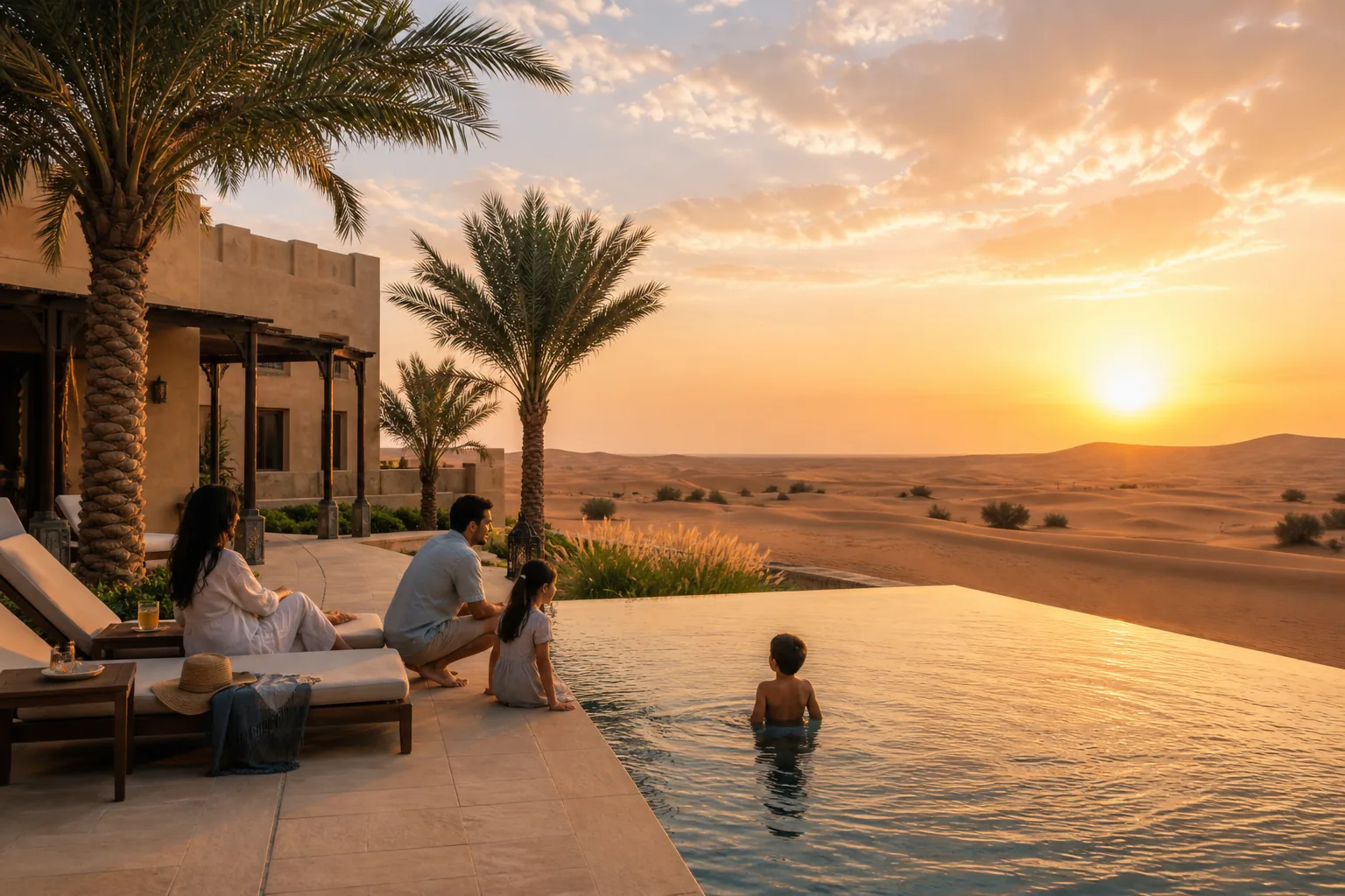 Indian family relaxing at a Dubai desert resort during sunset