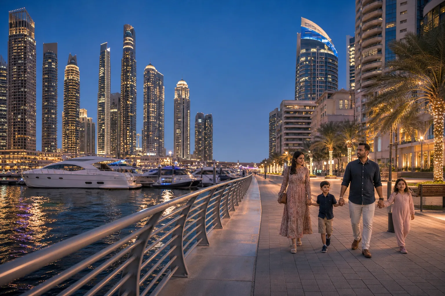 Indian family walking along Dubai Marina at blue hour