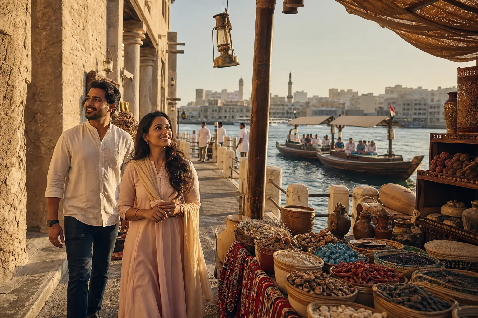 Indian couple exploring Dubai Old Souk beside traditional abra boats