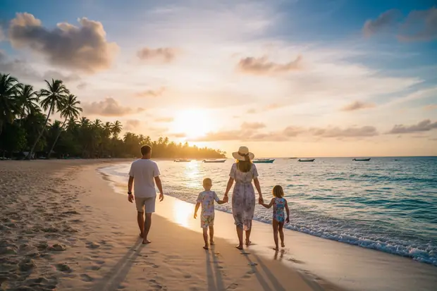 Family walking on a beach