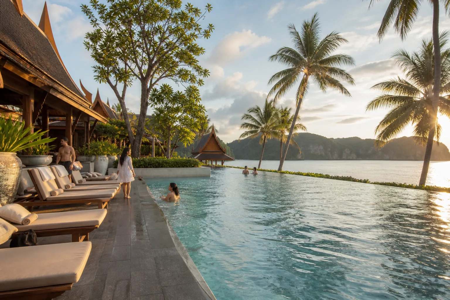 Thai-style Phuket resort pool overlooking a limestone coastline